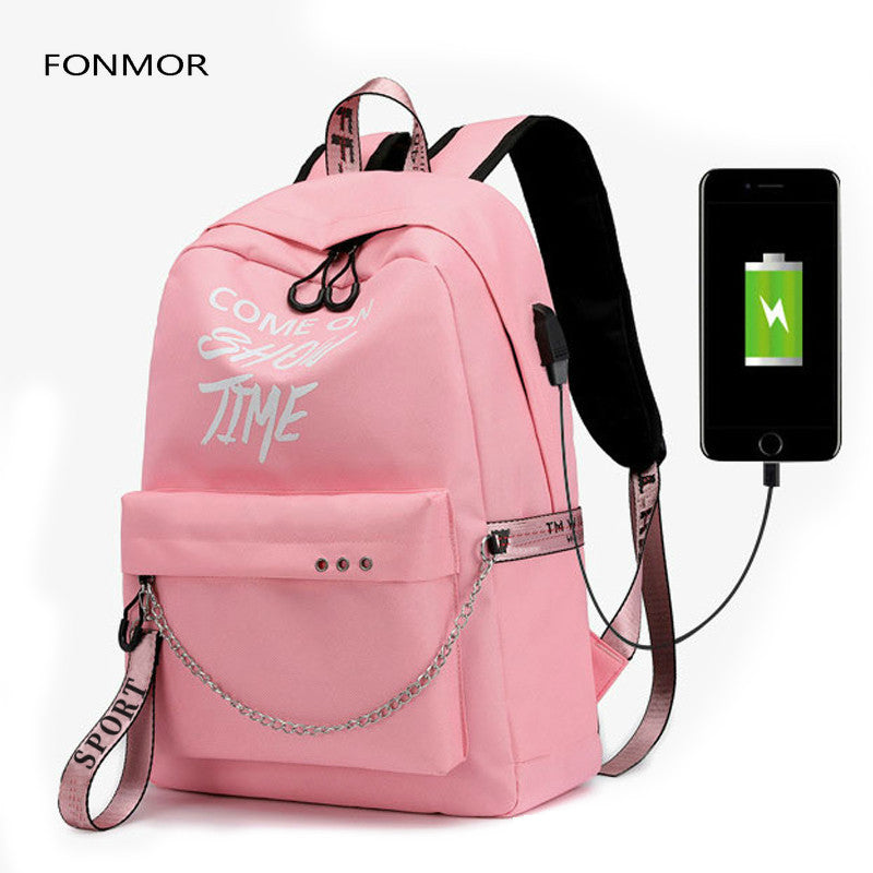 2019 New Luminous USB Charge Women Backpack Fashion Letters Print School Bag Teenager Girls Ribbons Backpack Mochila Sac A Dos