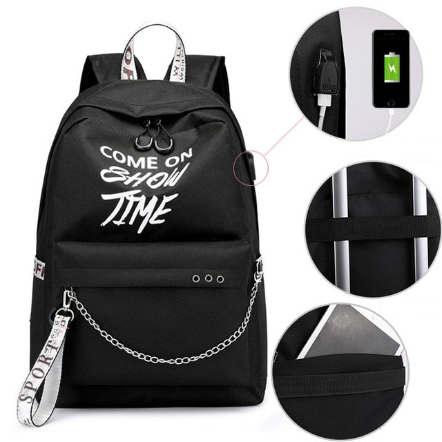 2019 New Luminous USB Charge Women Backpack Fashion Letters Print School Bag Teenager Girls Ribbons Backpack Mochila Sac A Dos