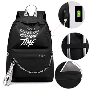 2019 New Luminous USB Charge Women Backpack Fashion Letters Print School Bag Teenager Girls Ribbons Backpack Mochila Sac A Dos