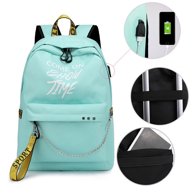 2019 New Luminous USB Charge Women Backpack Fashion Letters Print School Bag Teenager Girls Ribbons Backpack Mochila Sac A Dos