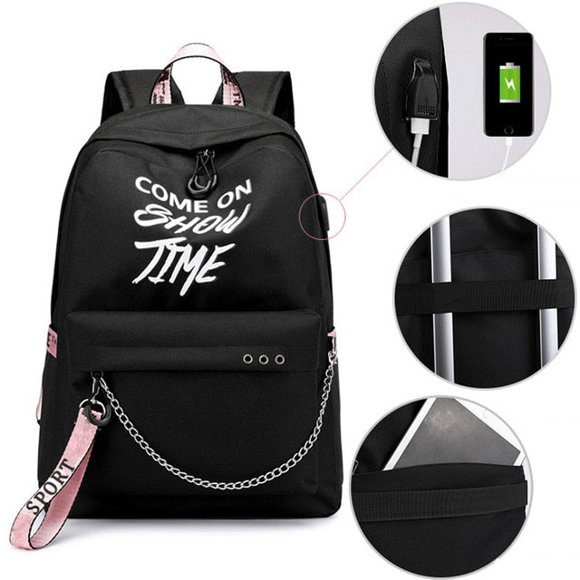 2019 New Luminous USB Charge Women Backpack Fashion Letters Print School Bag Teenager Girls Ribbons Backpack Mochila Sac A Dos