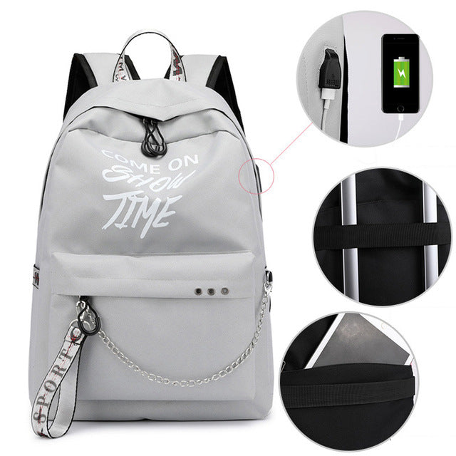 2019 New Luminous USB Charge Women Backpack Fashion Letters Print School Bag Teenager Girls Ribbons Backpack Mochila Sac A Dos