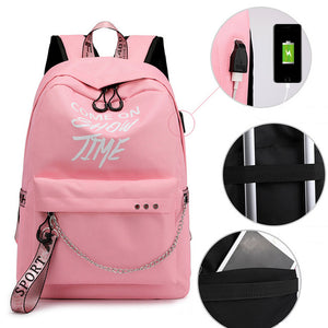 2019 New Luminous USB Charge Women Backpack Fashion Letters Print School Bag Teenager Girls Ribbons Backpack Mochila Sac A Dos