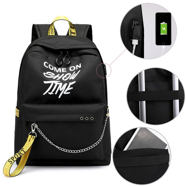 2019 New Luminous USB Charge Women Backpack Fashion Letters Print School Bag Teenager Girls Ribbons Backpack Mochila Sac A Dos